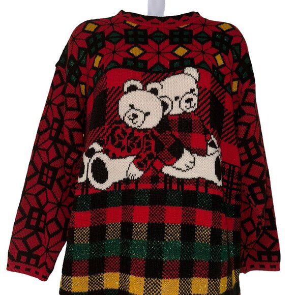 Vtg JJ Browne Christmas Sweater Womens L PulloverTeddy Bears Ugly Cute Holiday - Picture 2 of 10